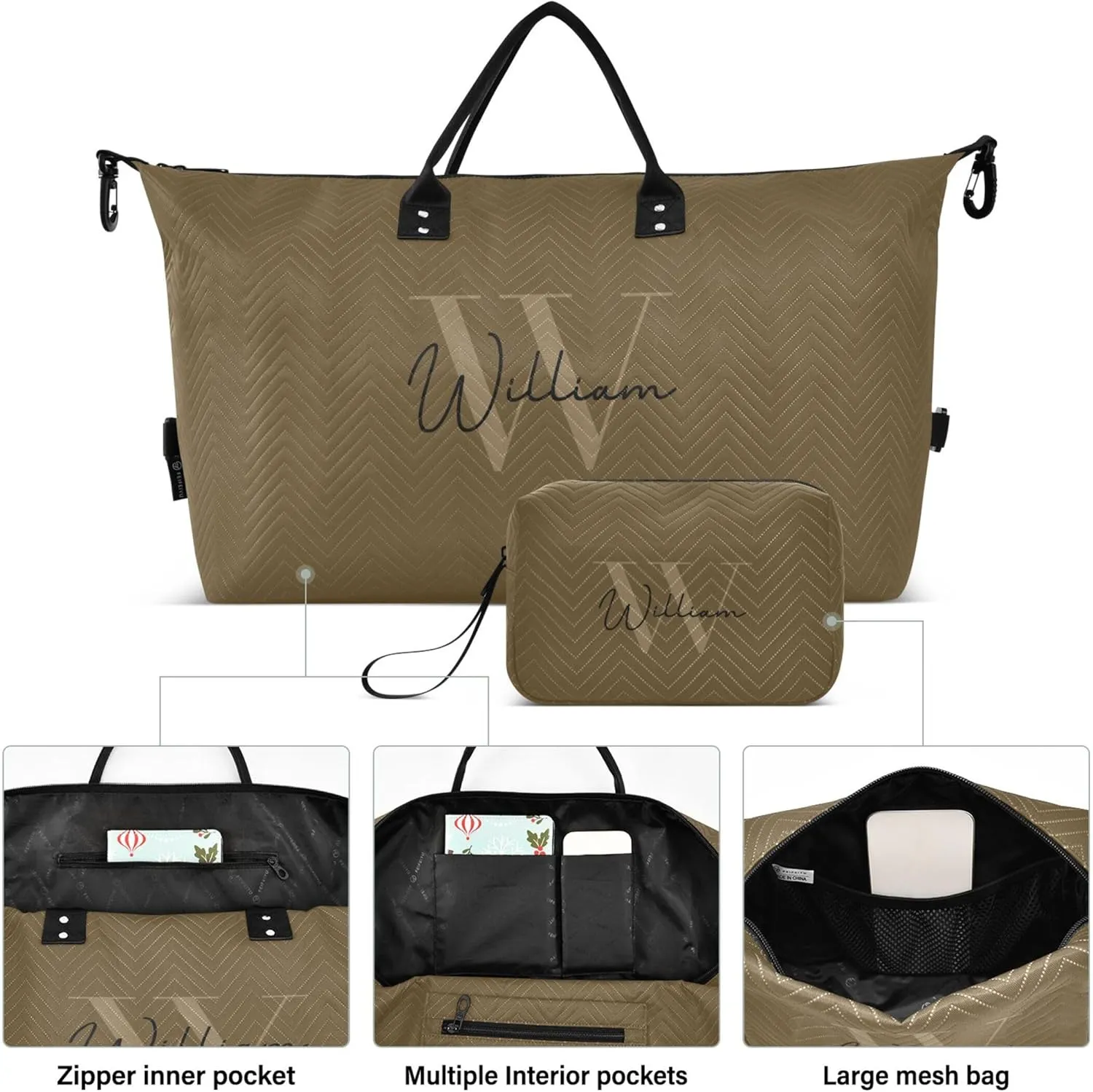 Brown Custom Travel Duffel Bag with Toiletry Bag Personalized Weekender Bag for Trips Sports Business Large Gym Duffel Bag Overnight Bag for Women & Men