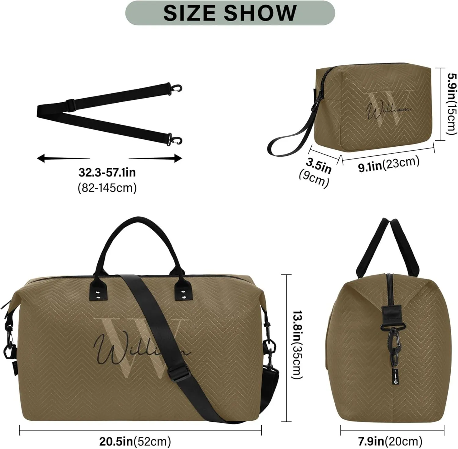 Brown Custom Travel Duffel Bag with Toiletry Bag Personalized Weekender Bag for Trips Sports Business Large Gym Duffel Bag Overnight Bag for Women & Men