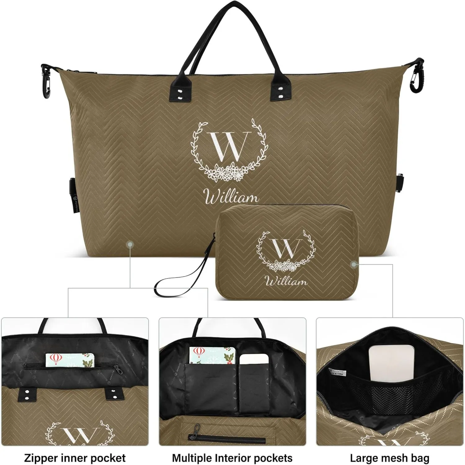 Brown Custom Travel Duffel Bag with Toiletry Bag Personalized Weekender Bag for Trips Sports Business Large Overnight Bag Gym Duffel Bag for Women & Men