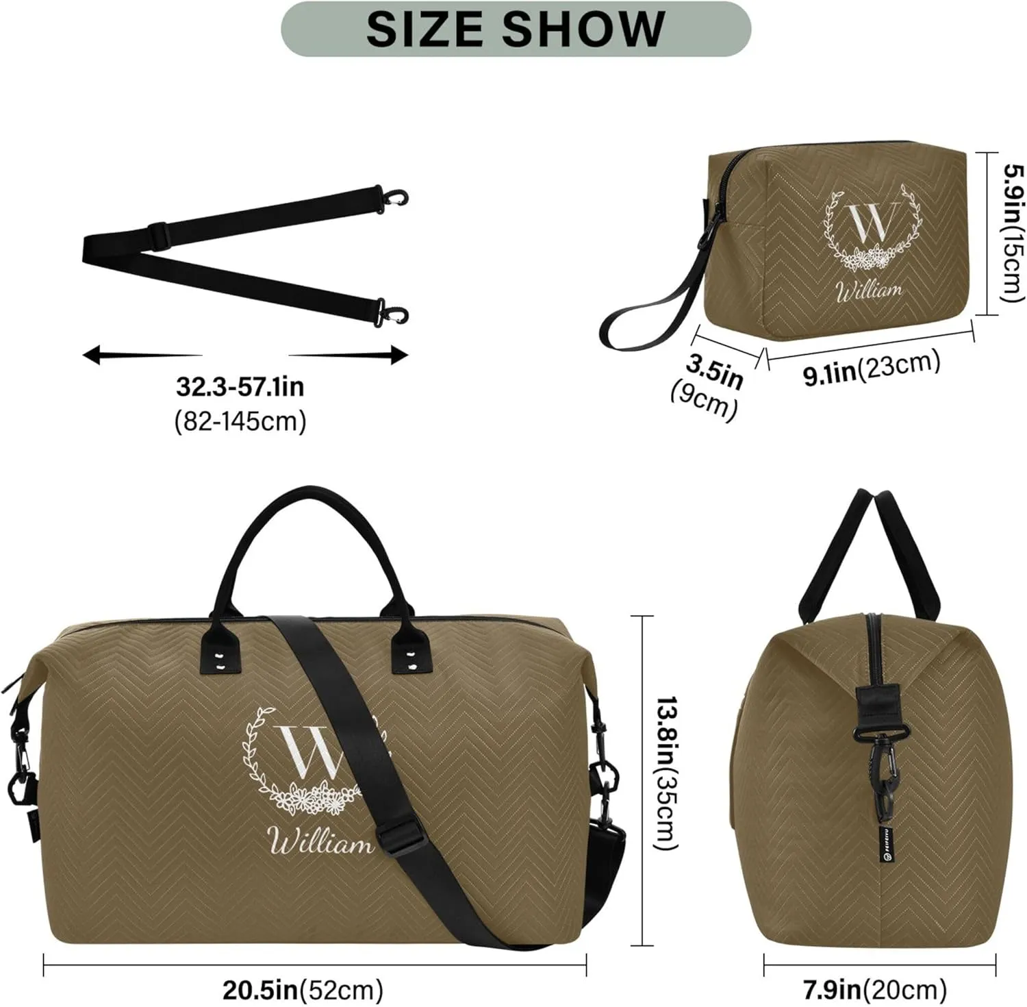 Brown Custom Travel Duffel Bag with Toiletry Bag Personalized Weekender Bag for Trips Sports Business Large Overnight Bag Gym Duffel Bag for Women & Men