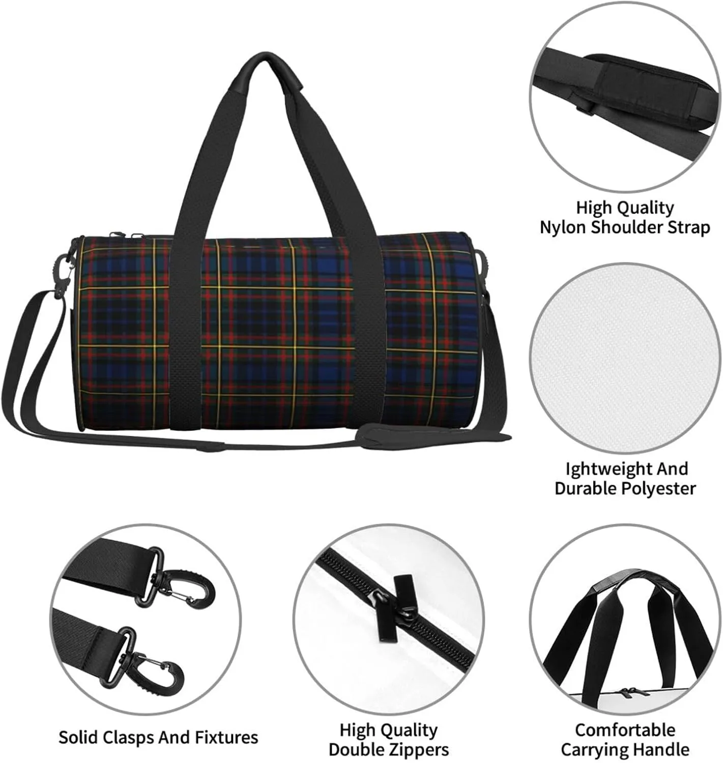 Brown Tartan Round Travel Duffel Bag Large Capacity Gym Sports Bags for Hiking Vacation Trips