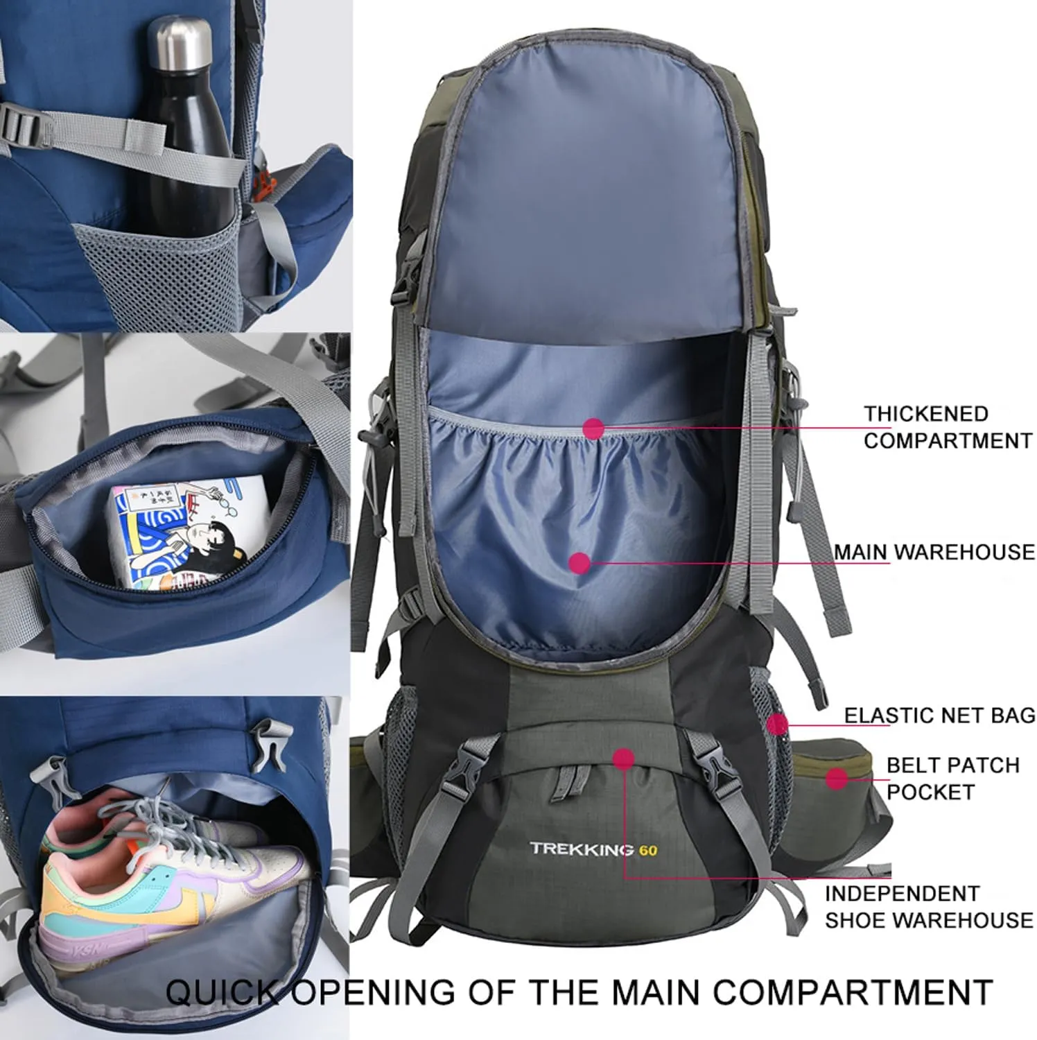 Bseash 60L Waterproof Hiking Camping Backpack with Rain Cover, Lightweight Outdoor Sport Travel Daypack for Climbing Touring (Blue)