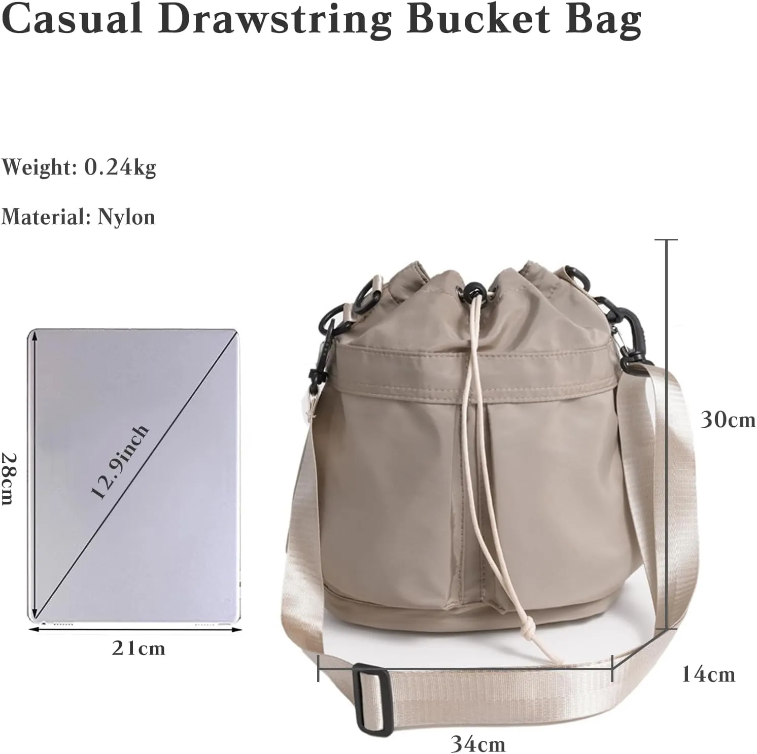 Bucket Bag for Women - Waterproof Nylon Tote Handbag with Drawstring Closure - Casual Shoulder Bag with Top Handle