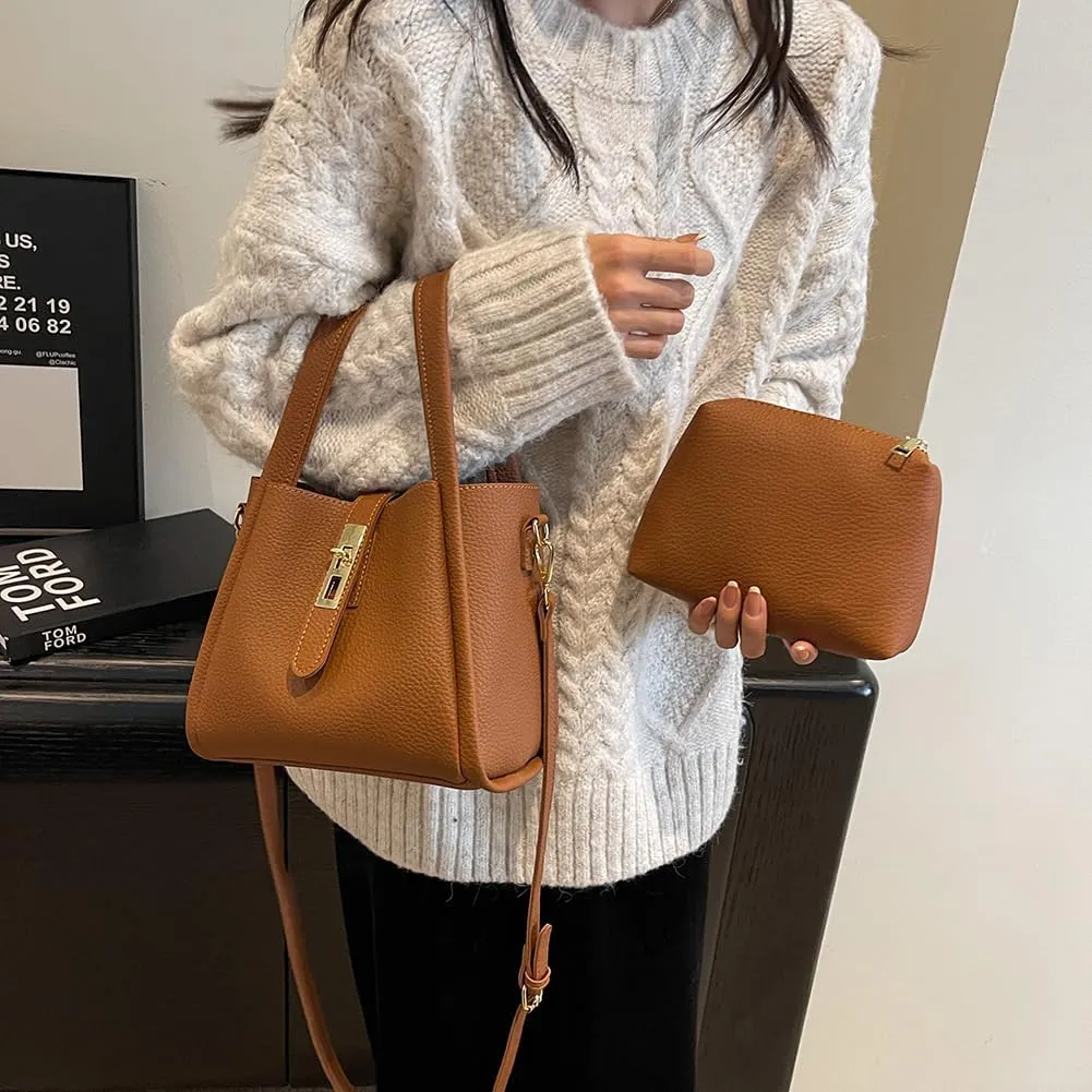 Bucket Bags for Women - Leather Crossbody Bucket Purse Small Handbag Trendy Vintage Shoulder Bag with Small Purse