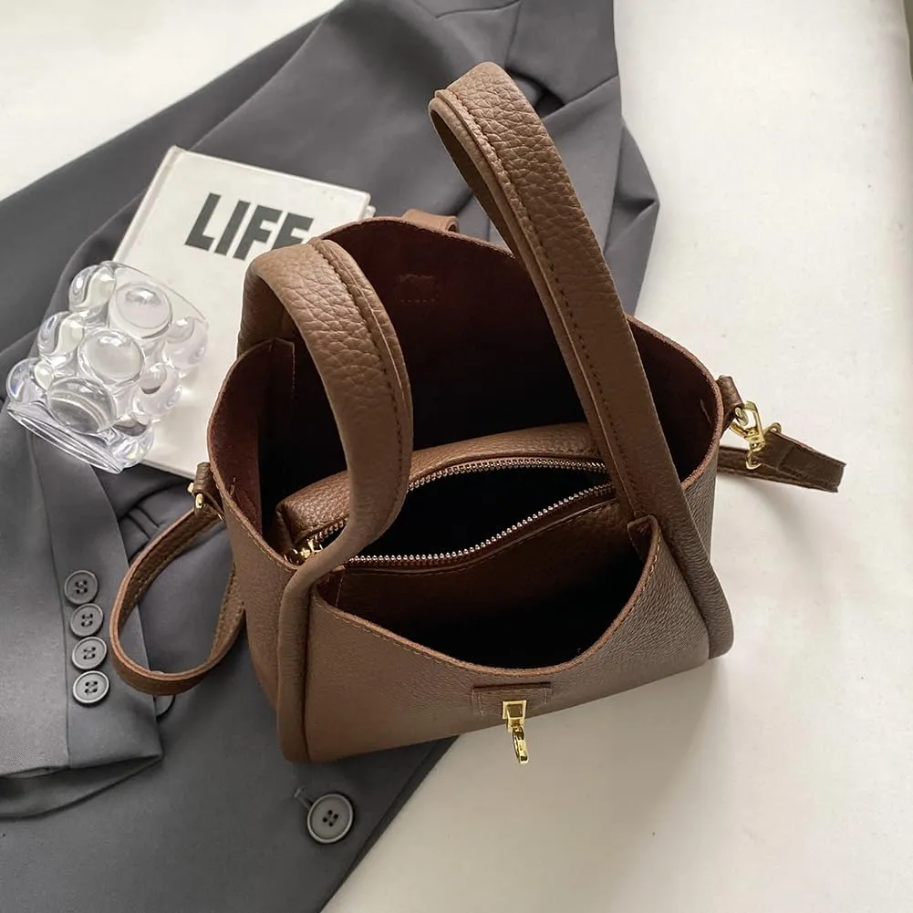 Bucket Bags for Women - Leather Crossbody Bucket Purse Small Handbag Trendy Vintage Shoulder Bag with Small Purse