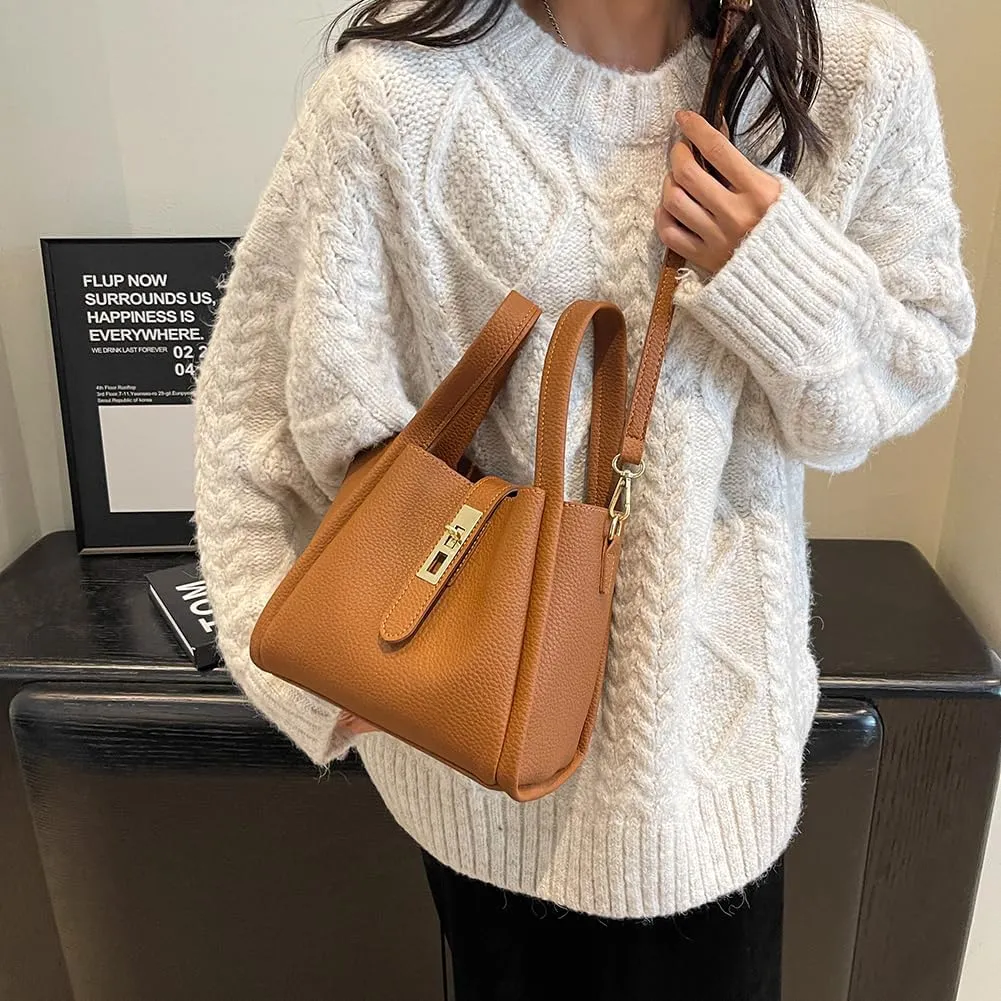 Bucket Bags for Women - Leather Crossbody Bucket Purse Small Handbag Trendy Vintage Shoulder Bag with Small Purse