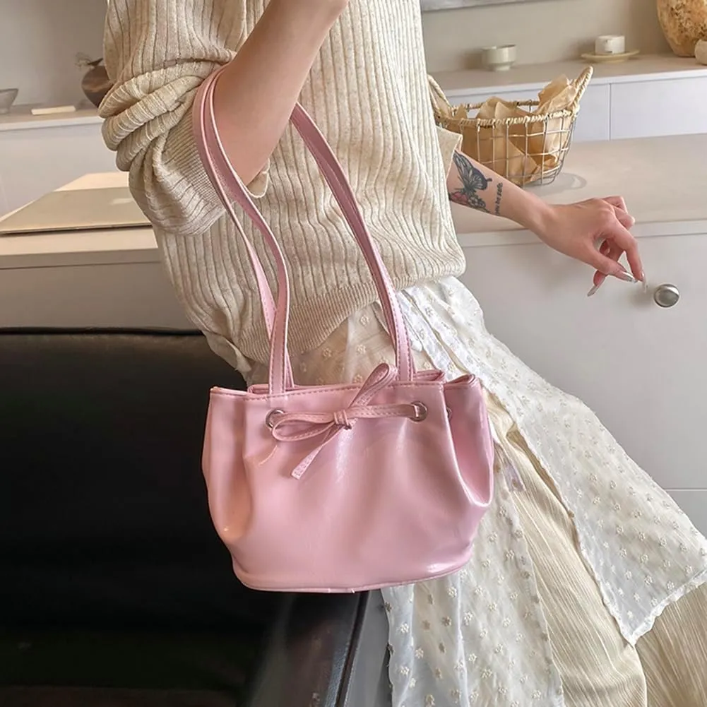 Bucket Purses for Women PU Leather Shoulder Bag Bucket Tote Purse Y2K Hobo Handbag Bow Underarm Bag