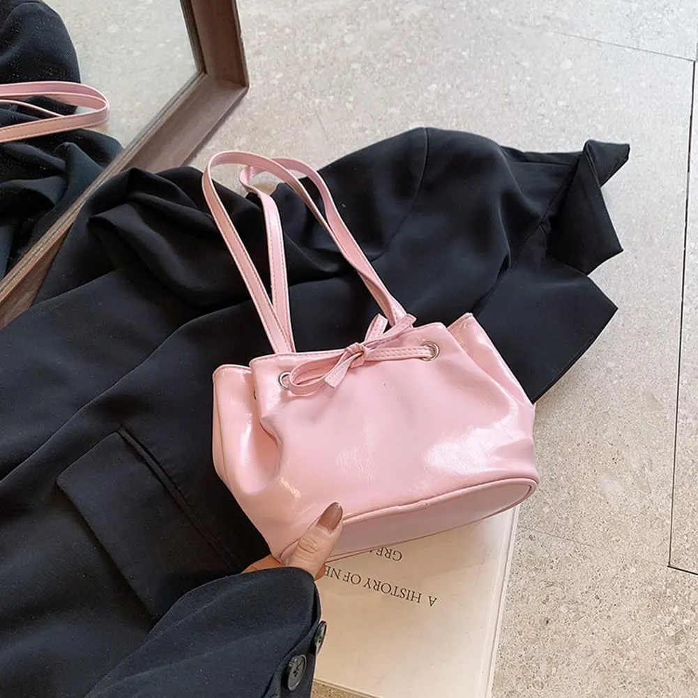 Bucket Purses for Women PU Leather Shoulder Bag Bucket Tote Purse Y2K Hobo Handbag Bow Underarm Bag