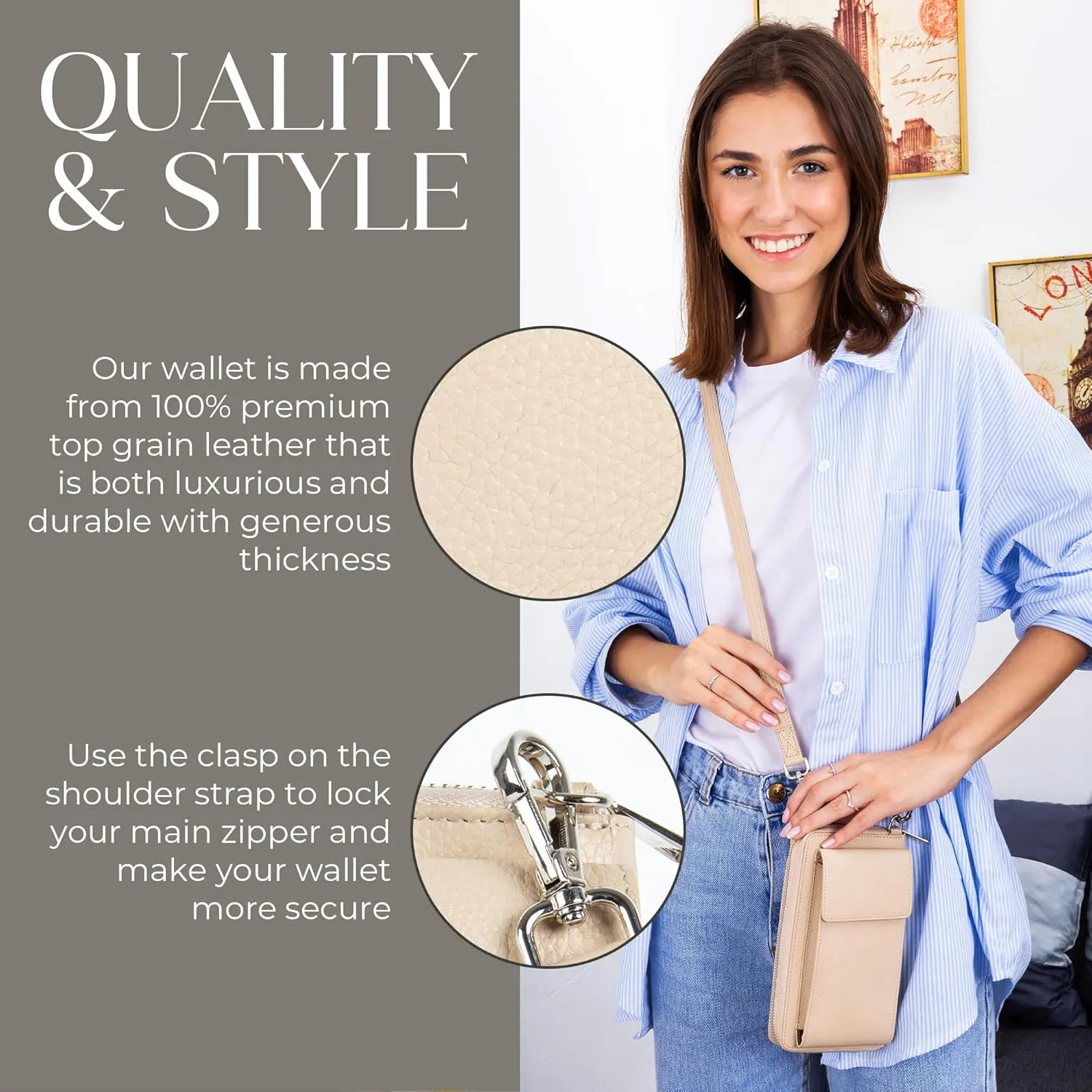BULL GUARD Crossbody Leather Wallet Phone Purse, Anti Theft and RFID Blocking, Small Elegant Design for Travel