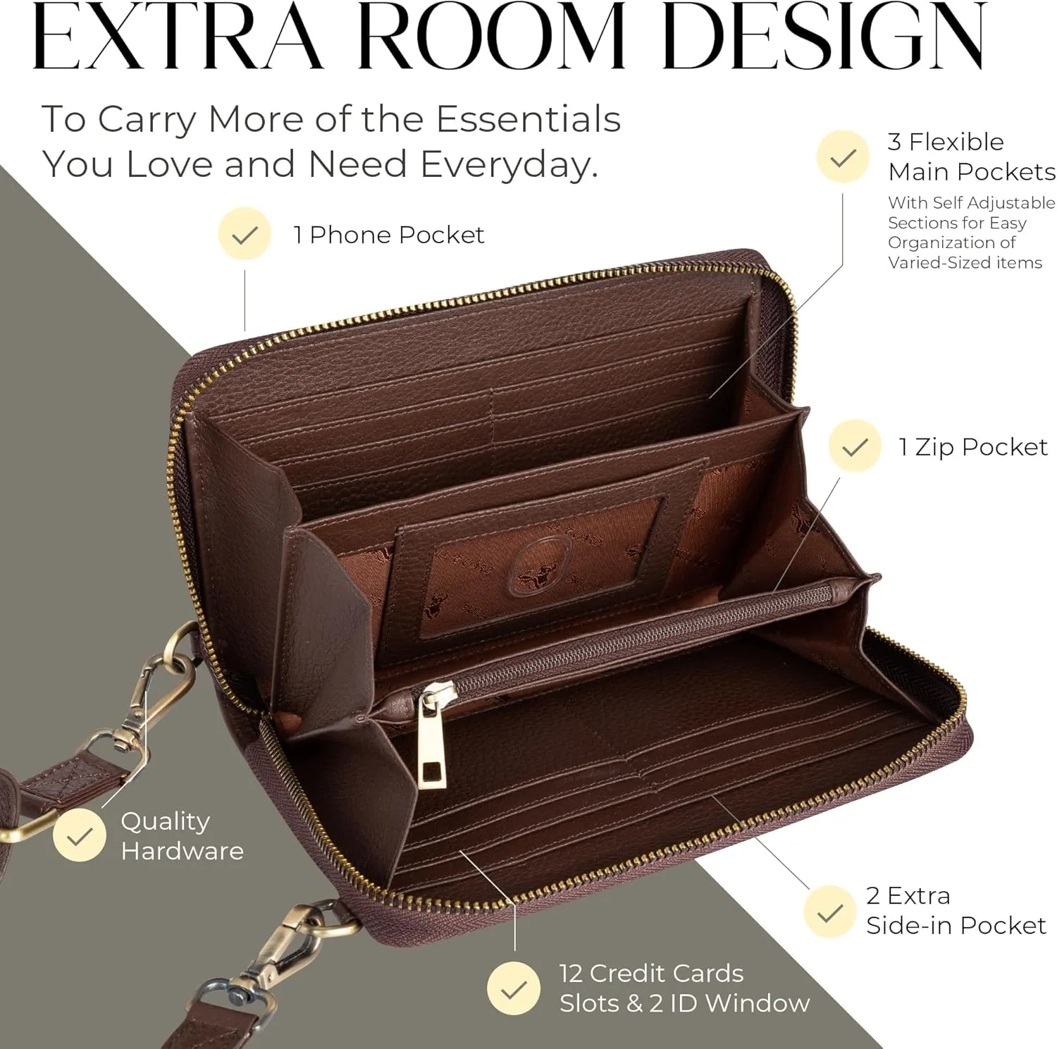 BULL GUARD Crossbody Leather Wallet Phone Purse, Anti Theft and RFID Blocking, Small Elegant Design for Travel