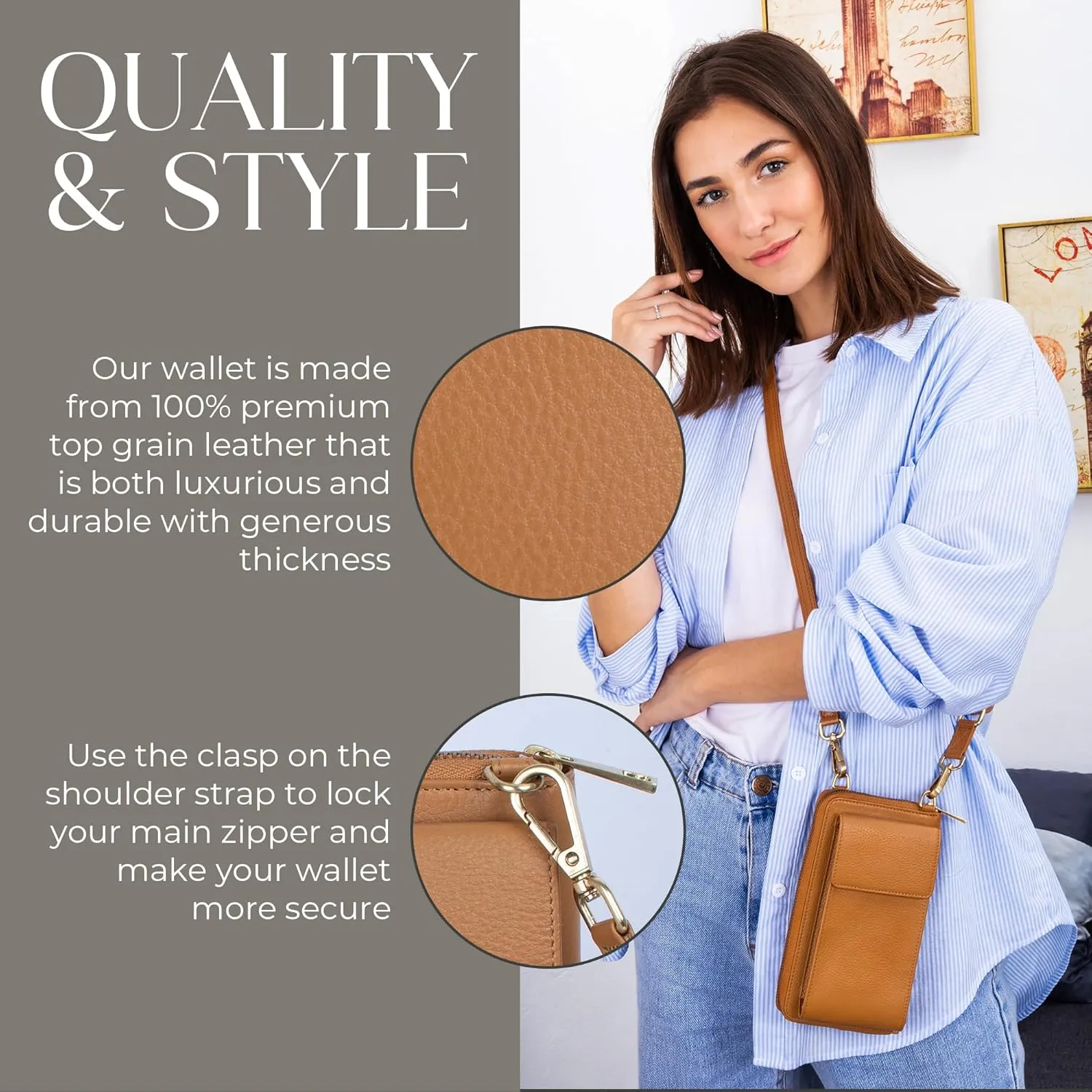 BULL GUARD Crossbody Leather Wallet Phone Purse, Anti Theft and RFID Blocking, Small Elegant Design for Travel