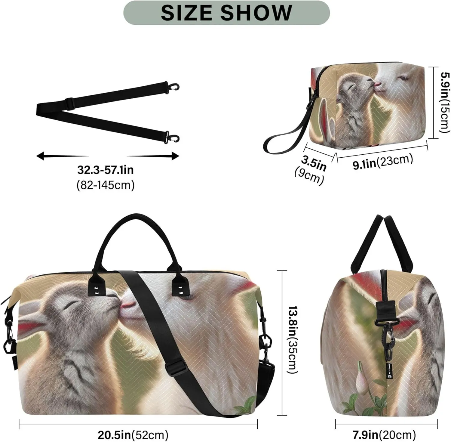 Bunny Goat Kiss Animals Duffle Bag Travel Toiletry Bags Set of 2, Print Women Sports Bag Carry on Duffle