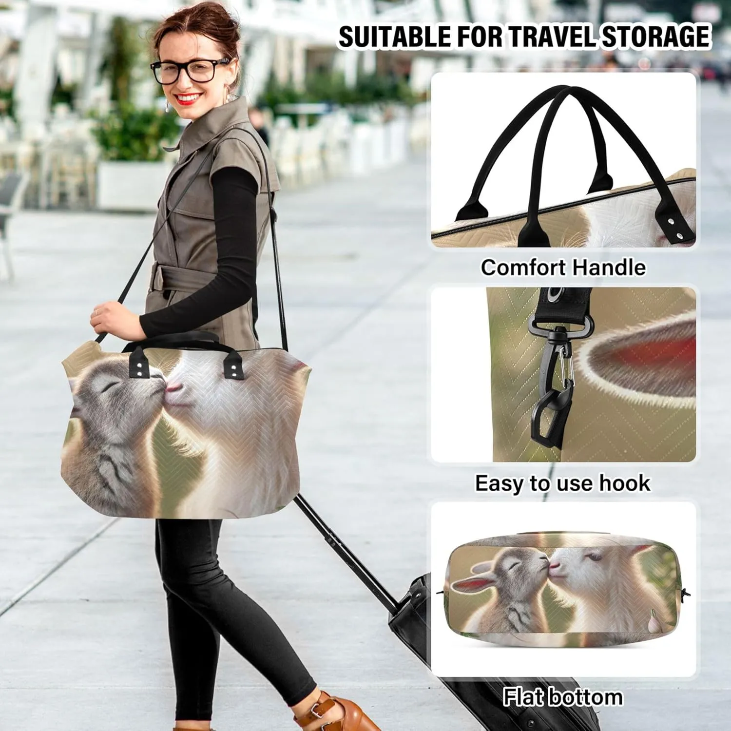 Bunny Goat Kiss Animals Duffle Bag Travel Toiletry Bags Set of 2, Print Women Sports Bag Carry on Duffle