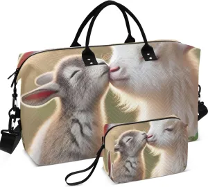 Bunny Goat Kiss Animals Duffle Bag Travel Toiletry Bags Set of 2, Print Women Sports Bag Carry on Duffle