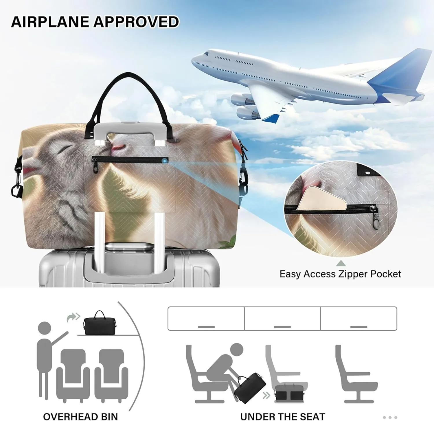 Bunny Goat Kiss Animals Duffle Bag Travel Toiletry Bags Set of 2, Print Women Sports Bag Carry on Duffle