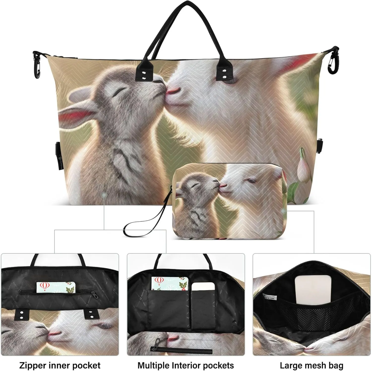 Bunny Goat Kiss Animals Duffle Bag Travel Toiletry Bags Set of 2, Print Women Sports Bag Carry on Duffle