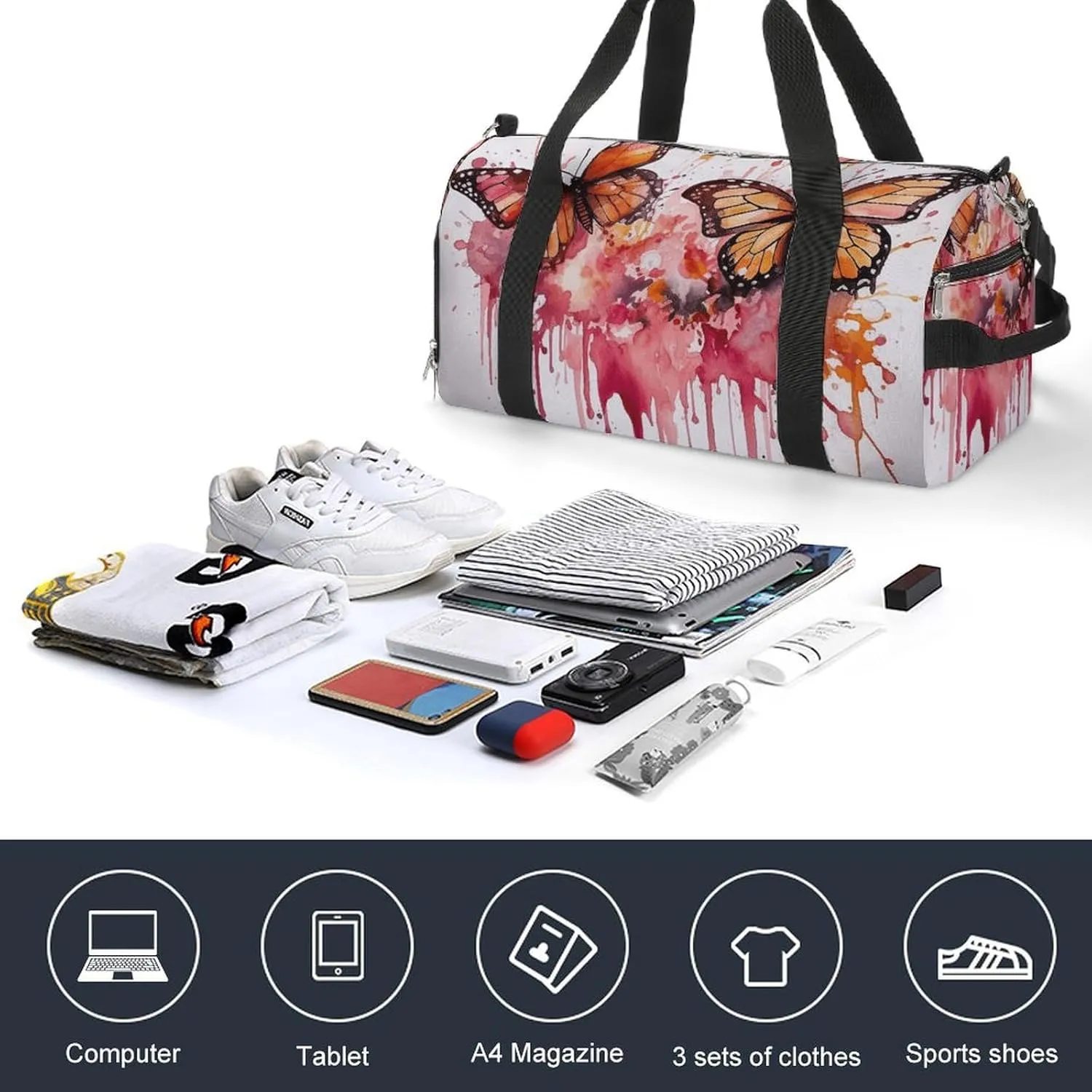 Butterfly Drip Spray Watercolor Sports Gym Bag Carry on Holdalls for Men Small Duffel Bags for Women with Shoe Compartment