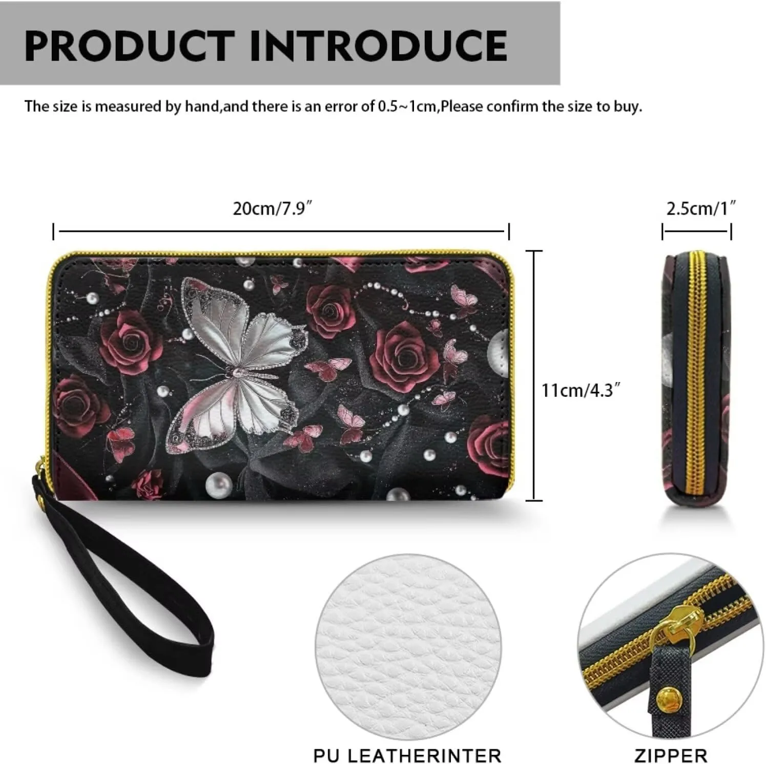 Butterfly Printed Wallet Purse for Women, Rose Print Zip Around Phone Clutch, Lightweight Leather Purse Clutch Wallet, Waterproof Wristlet Wallets for Lady with Phone Pouch