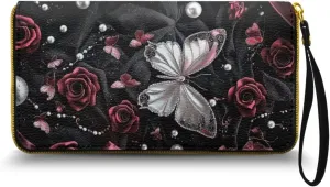 Butterfly Printed Wallet Purse for Women, Rose Print Zip Around Phone Clutch, Lightweight Leather Purse Clutch Wallet, Waterproof Wristlet Wallets for Lady with Phone Pouch