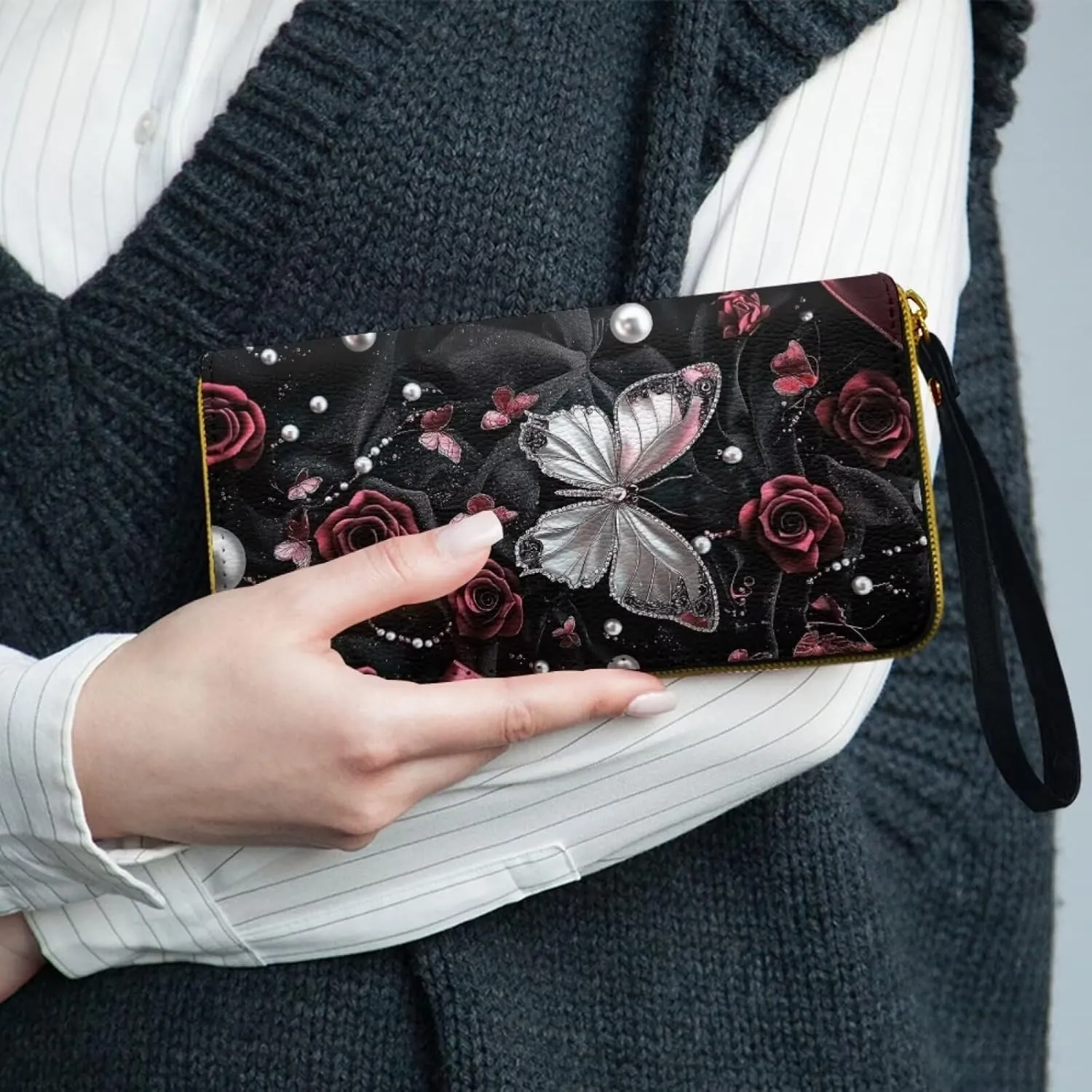 Butterfly Printed Wallet Purse for Women, Rose Print Zip Around Phone Clutch, Lightweight Leather Purse Clutch Wallet, Waterproof Wristlet Wallets for Lady with Phone Pouch