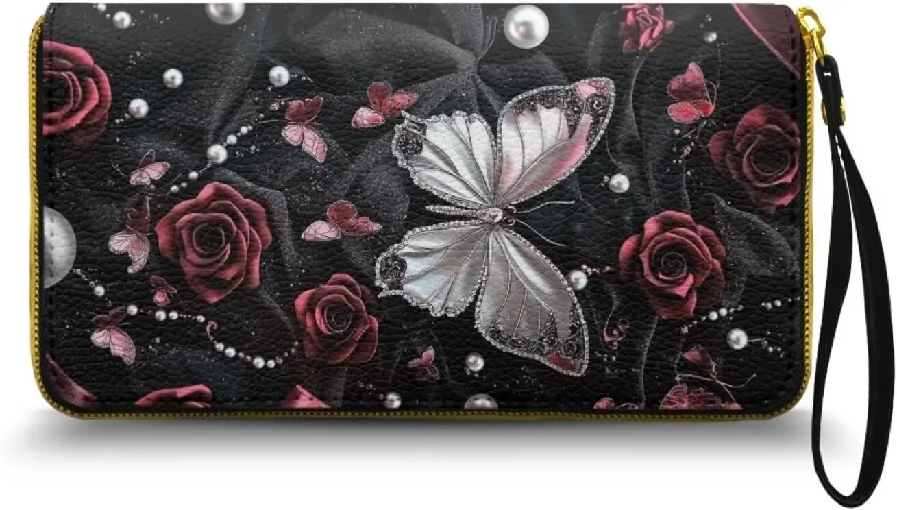 Butterfly Printed Wallet Purse for Women, Rose Print Zip Around Phone Clutch, Lightweight Leather Purse Clutch Wallet, Waterproof Wristlet Wallets for Lady with Phone Pouch