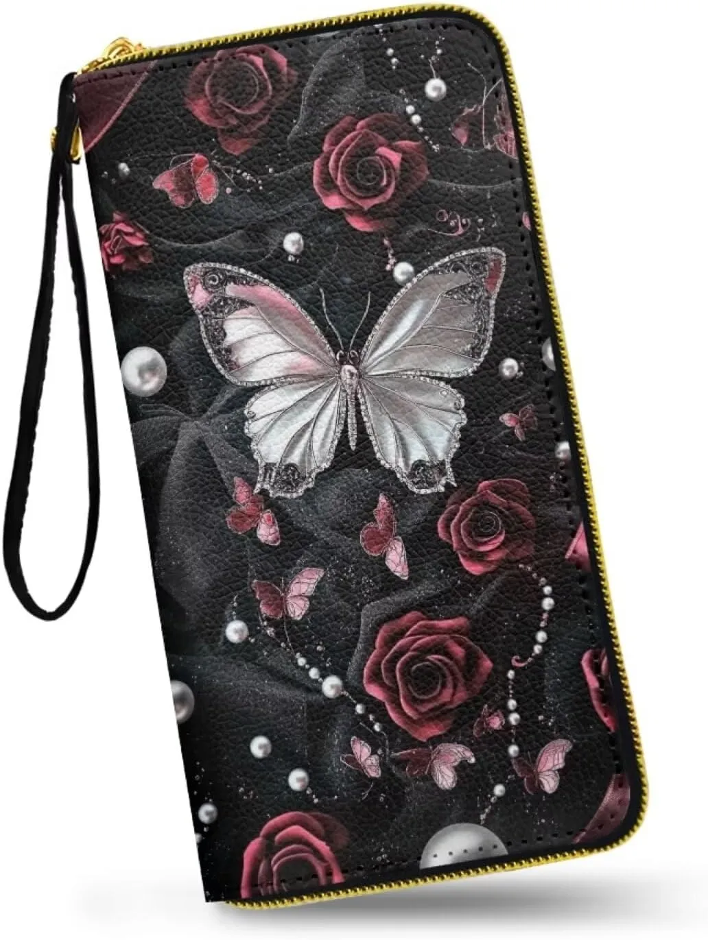 Butterfly Printed Wallet Purse for Women, Rose Print Zip Around Phone Clutch, Lightweight Leather Purse Clutch Wallet, Waterproof Wristlet Wallets for Lady with Phone Pouch