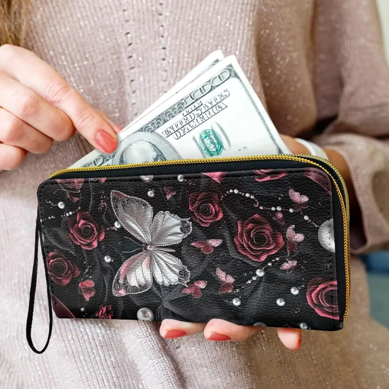 Butterfly Printed Wallet Purse for Women, Rose Print Zip Around Phone Clutch, Lightweight Leather Purse Clutch Wallet, Waterproof Wristlet Wallets for Lady with Phone Pouch