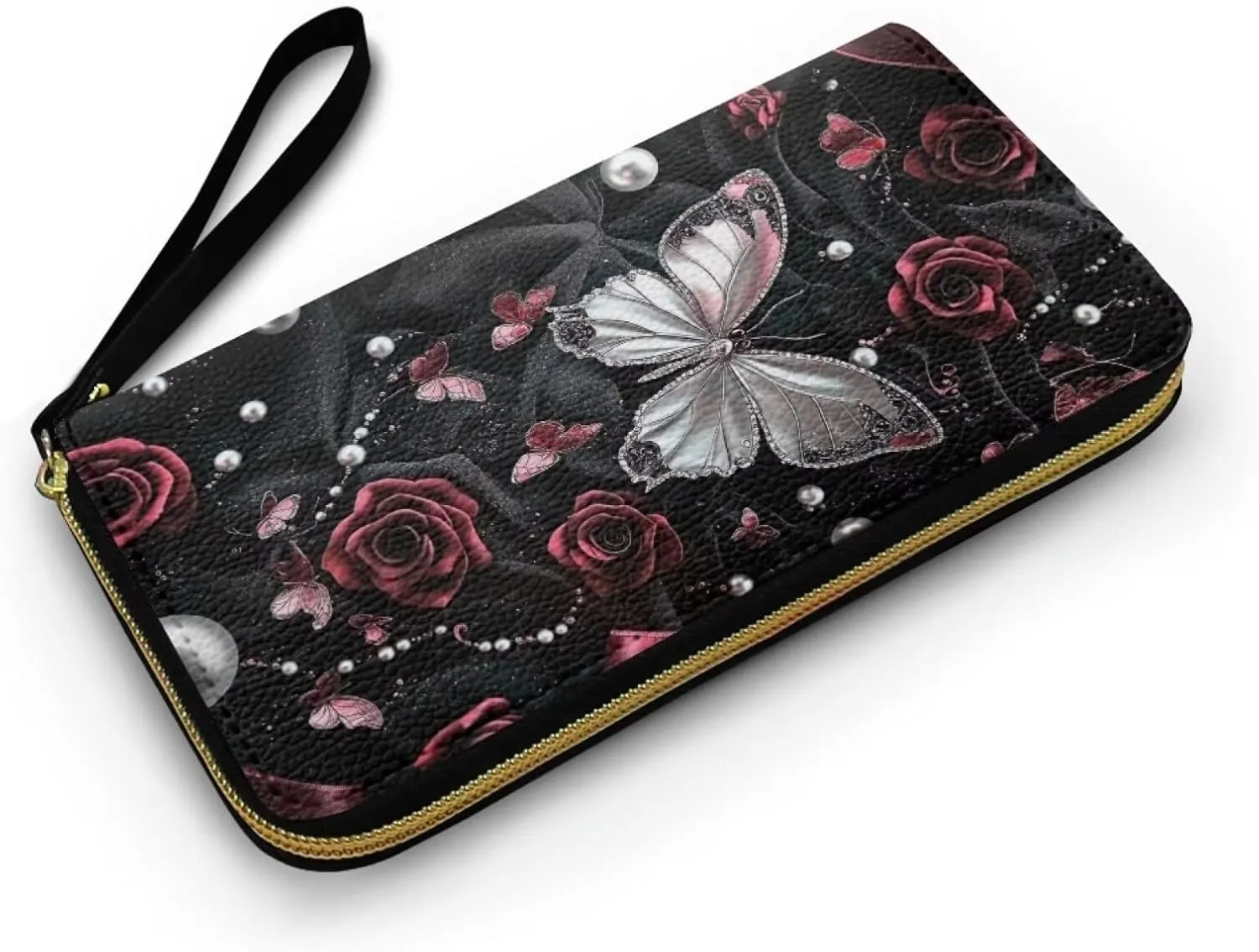 Butterfly Printed Wallet Purse for Women, Rose Print Zip Around Phone Clutch, Lightweight Leather Purse Clutch Wallet, Waterproof Wristlet Wallets for Lady with Phone Pouch