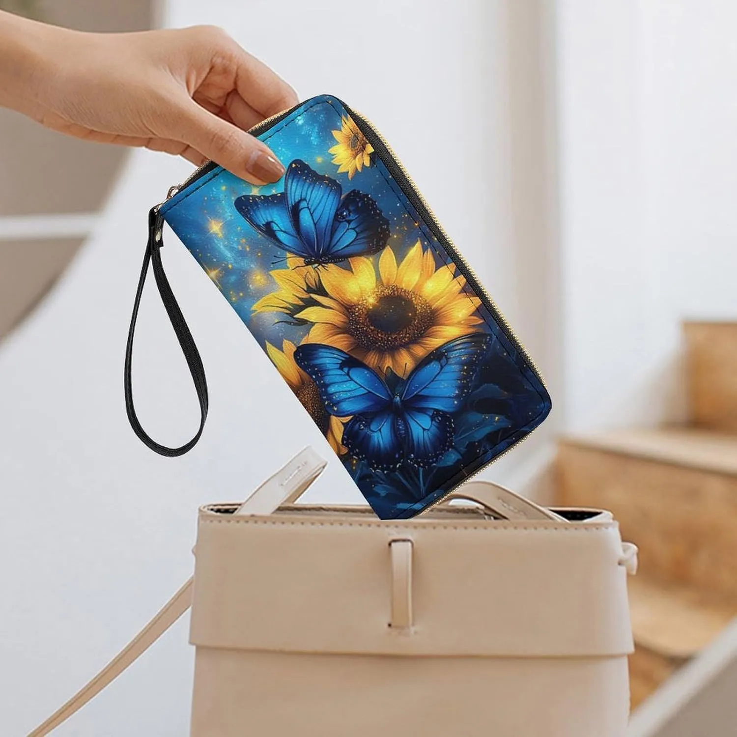 Butterfly Purse Sunflower Wristlet Wallets for Women Soft Clutch Leather Coin Purses Money Card Holder Outdoor Travel Pouch Bag Keychain Wallet Handbag Phone Case