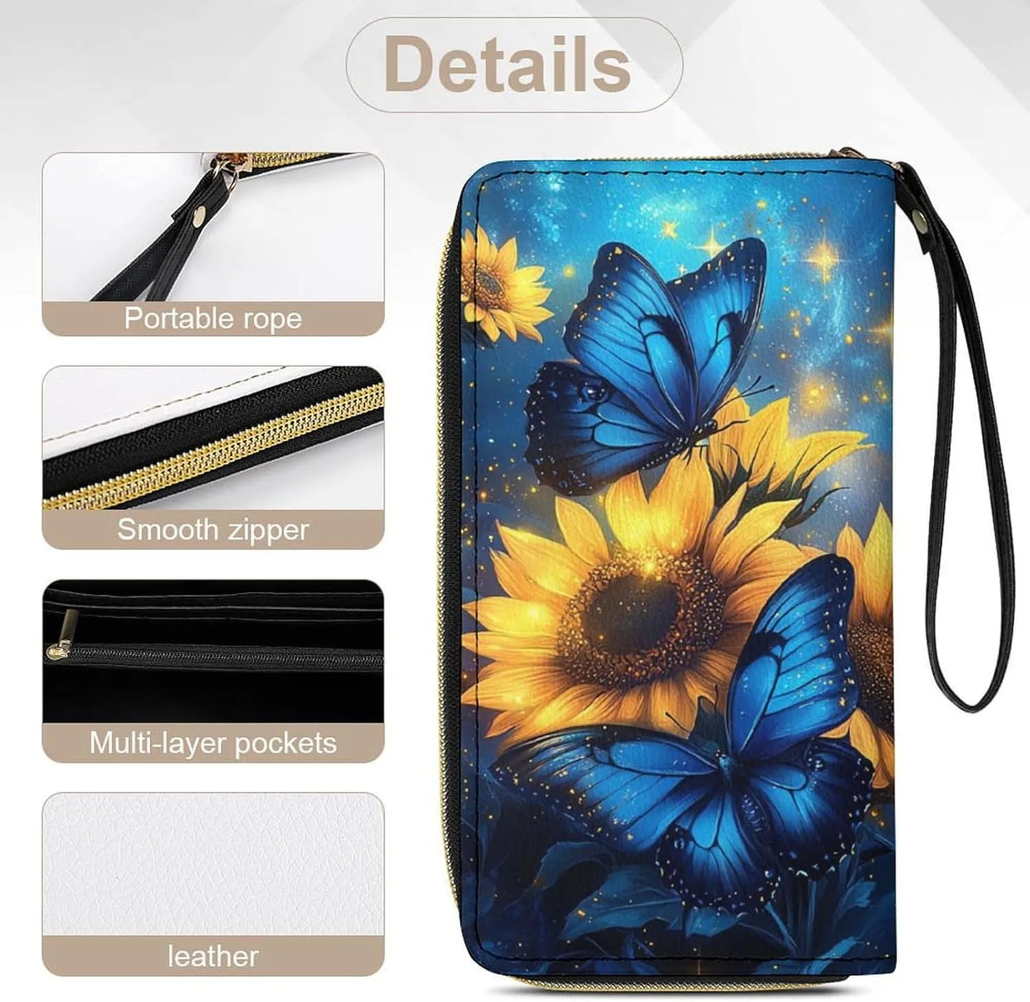 Butterfly Purse Sunflower Wristlet Wallets for Women Soft Clutch Leather Coin Purses Money Card Holder Outdoor Travel Pouch Bag Keychain Wallet Handbag Phone Case