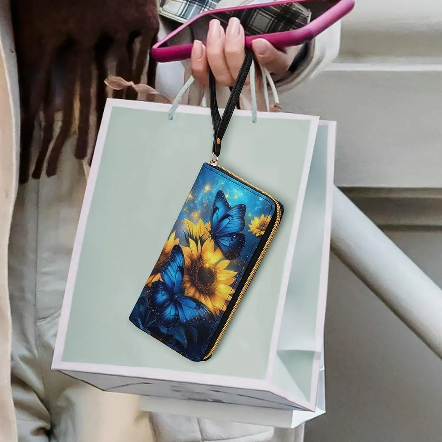 Butterfly Purse Sunflower Wristlet Wallets for Women Soft Clutch Leather Coin Purses Money Card Holder Outdoor Travel Pouch Bag Keychain Wallet Handbag Phone Case