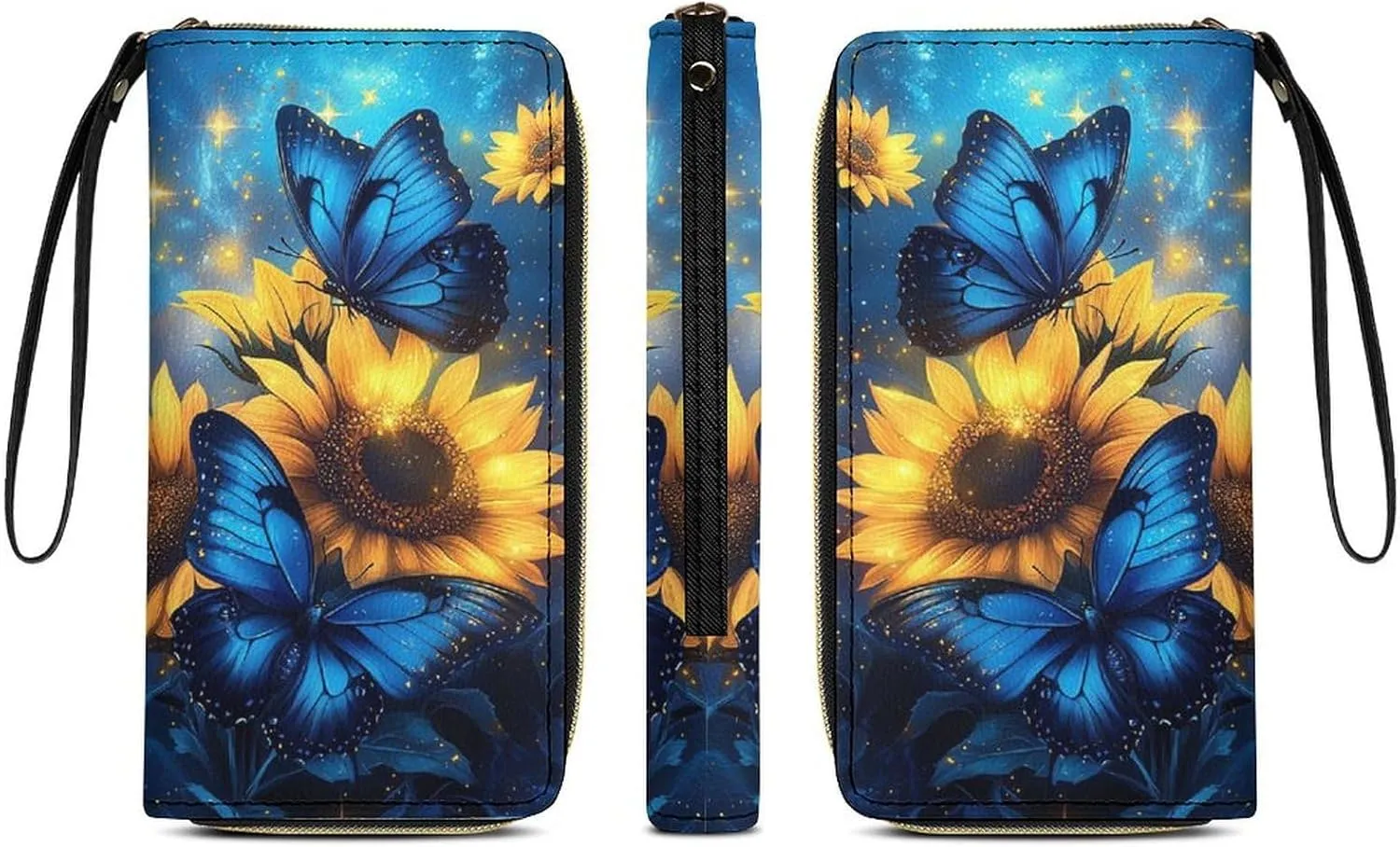 Butterfly Purse Sunflower Wristlet Wallets for Women Soft Clutch Leather Coin Purses Money Card Holder Outdoor Travel Pouch Bag Keychain Wallet Handbag Phone Case