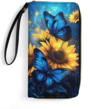 Butterfly Purse Sunflower Wristlet Wallets for Women Soft Clutch Leather Coin Purses Money Card Holder Outdoor Travel Pouch Bag Keychain Wallet Handbag Phone Case
