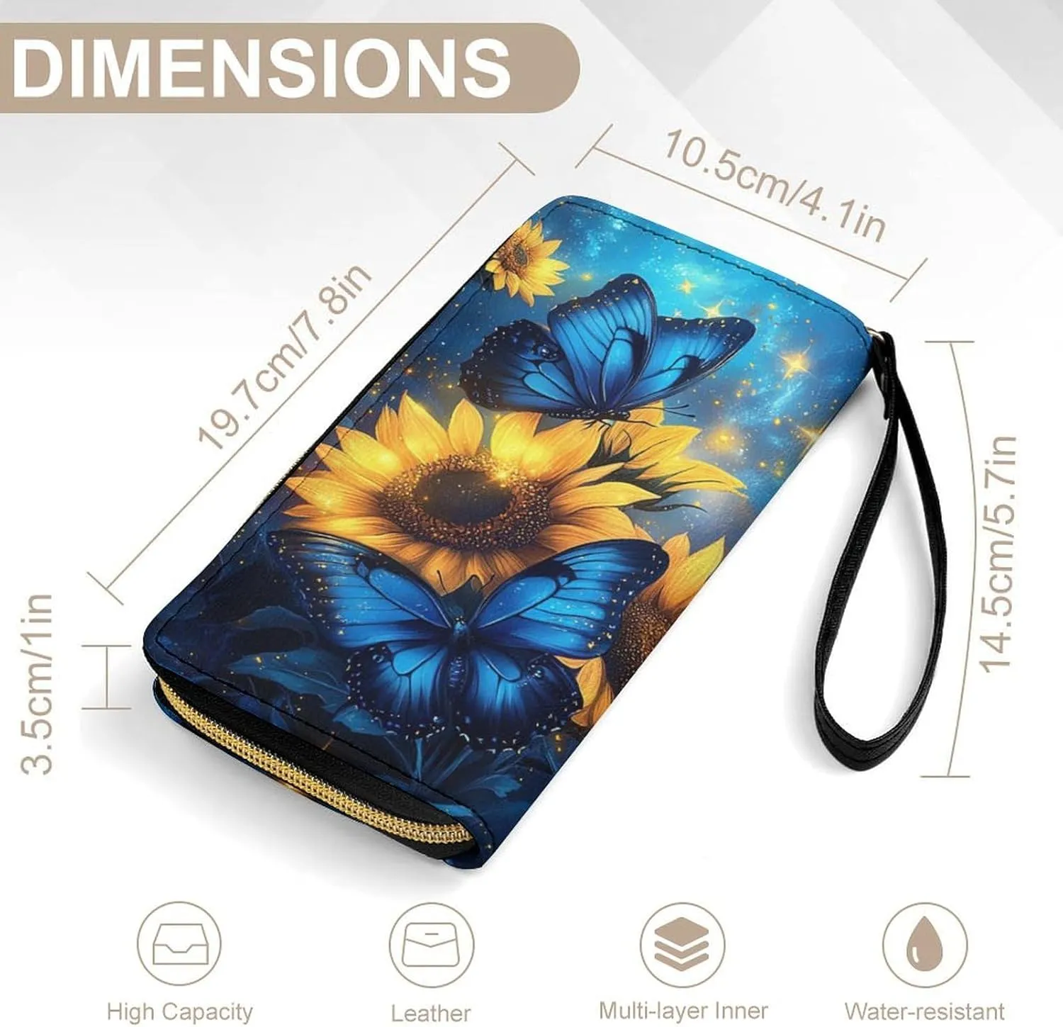 Butterfly Purse Sunflower Wristlet Wallets for Women Soft Clutch Leather Coin Purses Money Card Holder Outdoor Travel Pouch Bag Keychain Wallet Handbag Phone Case