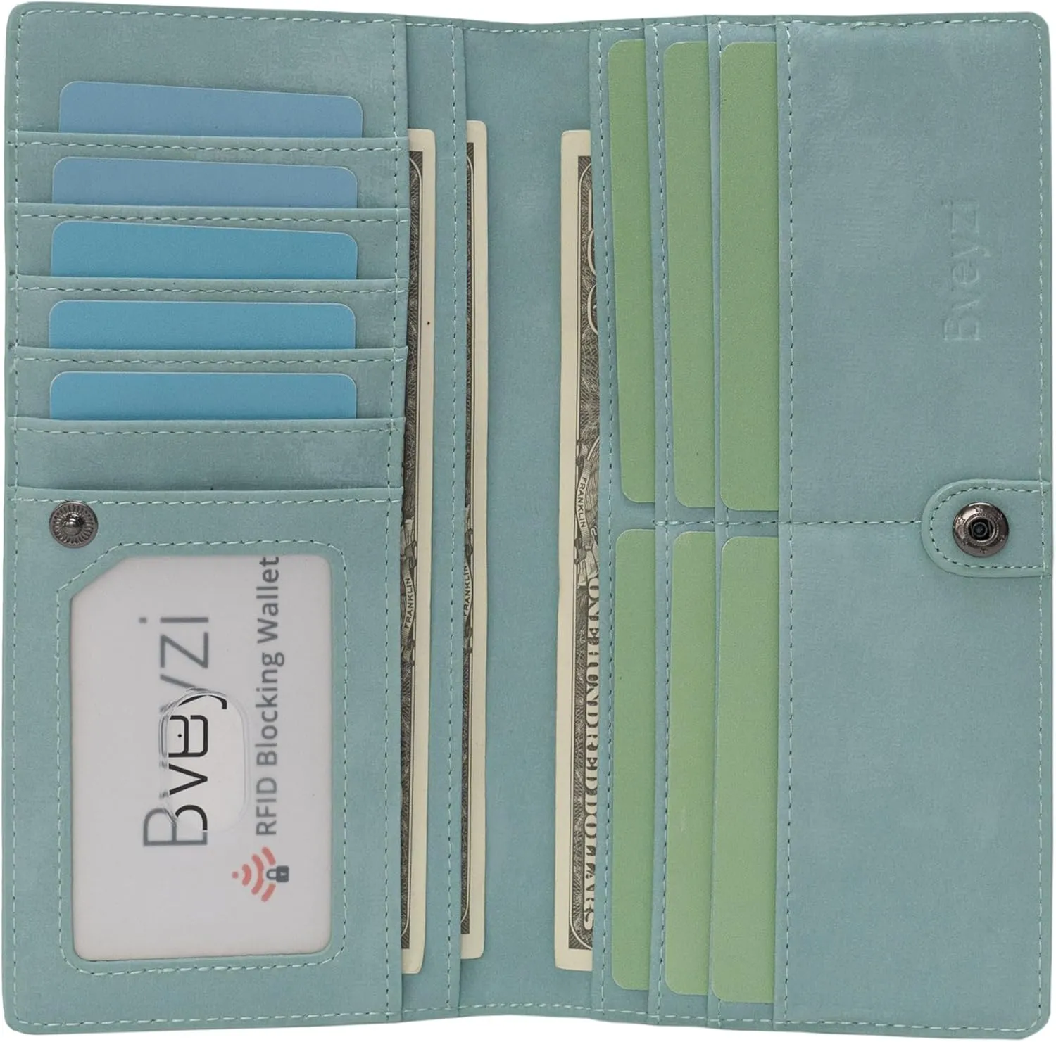 Bveyzi Ultra Slim Thin Leather RFID Blocking Credit Card Holder Bifold Clutch Wallets for Women