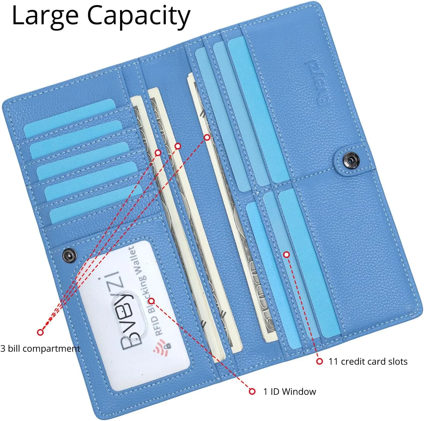 Bveyzi Ultra Slim Thin Leather RFID Blocking Credit Card Holder Bifold Clutch Wallets for Women