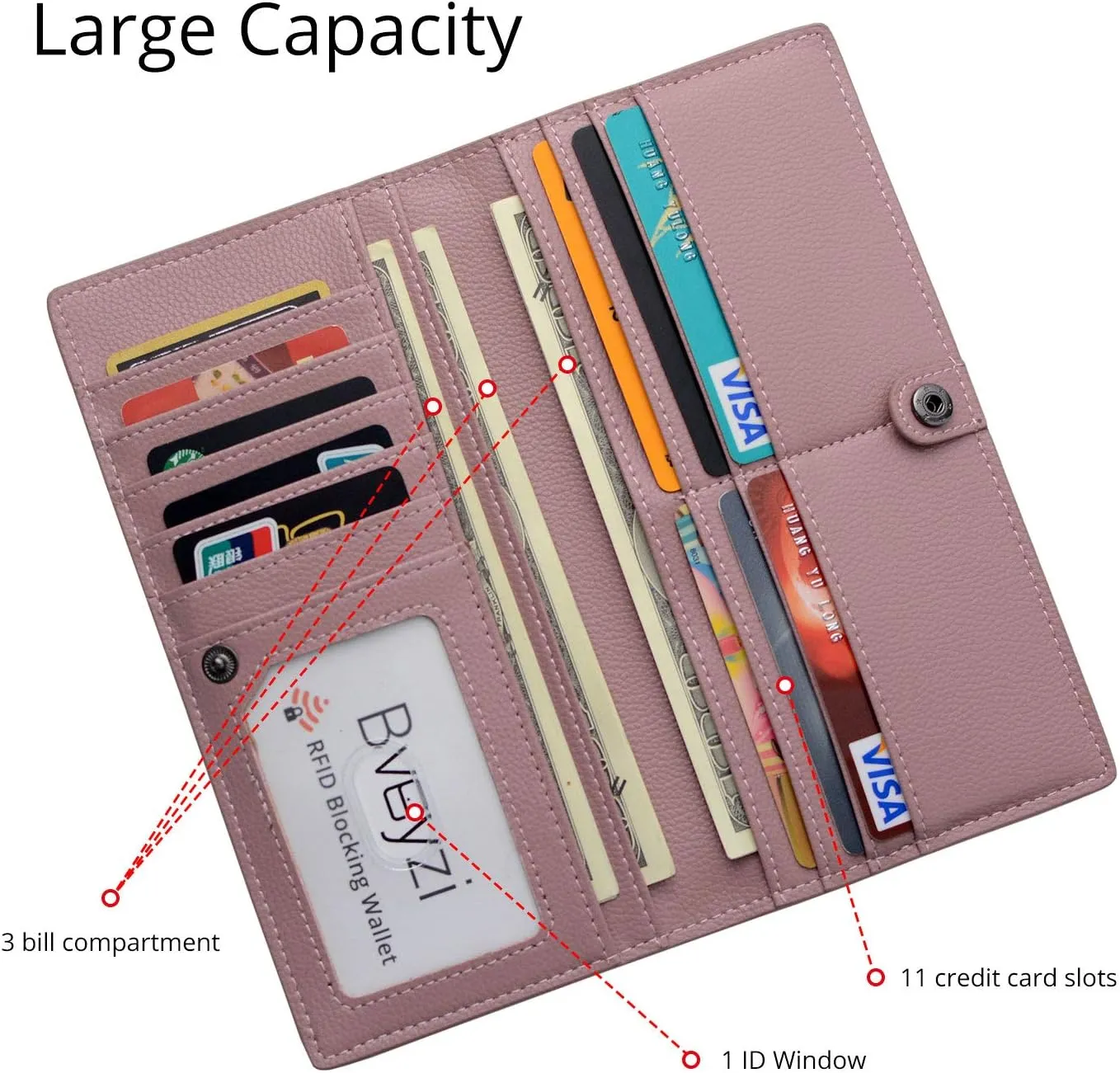 Bveyzi Ultra Slim Thin Leather RFID Blocking Credit Card Holder Bifold Clutch Wallets for Women