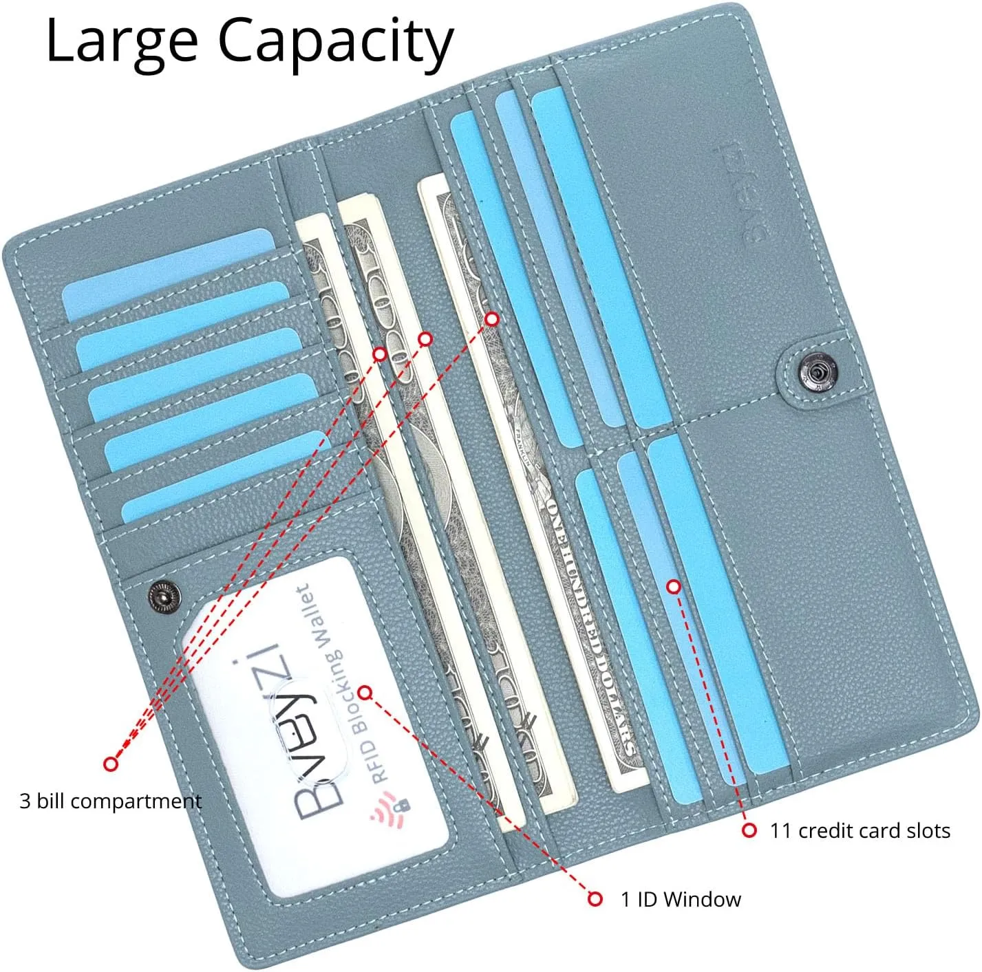 Bveyzi Ultra Slim Thin Leather RFID Blocking Credit Card Holder Bifold Clutch Wallets for Women