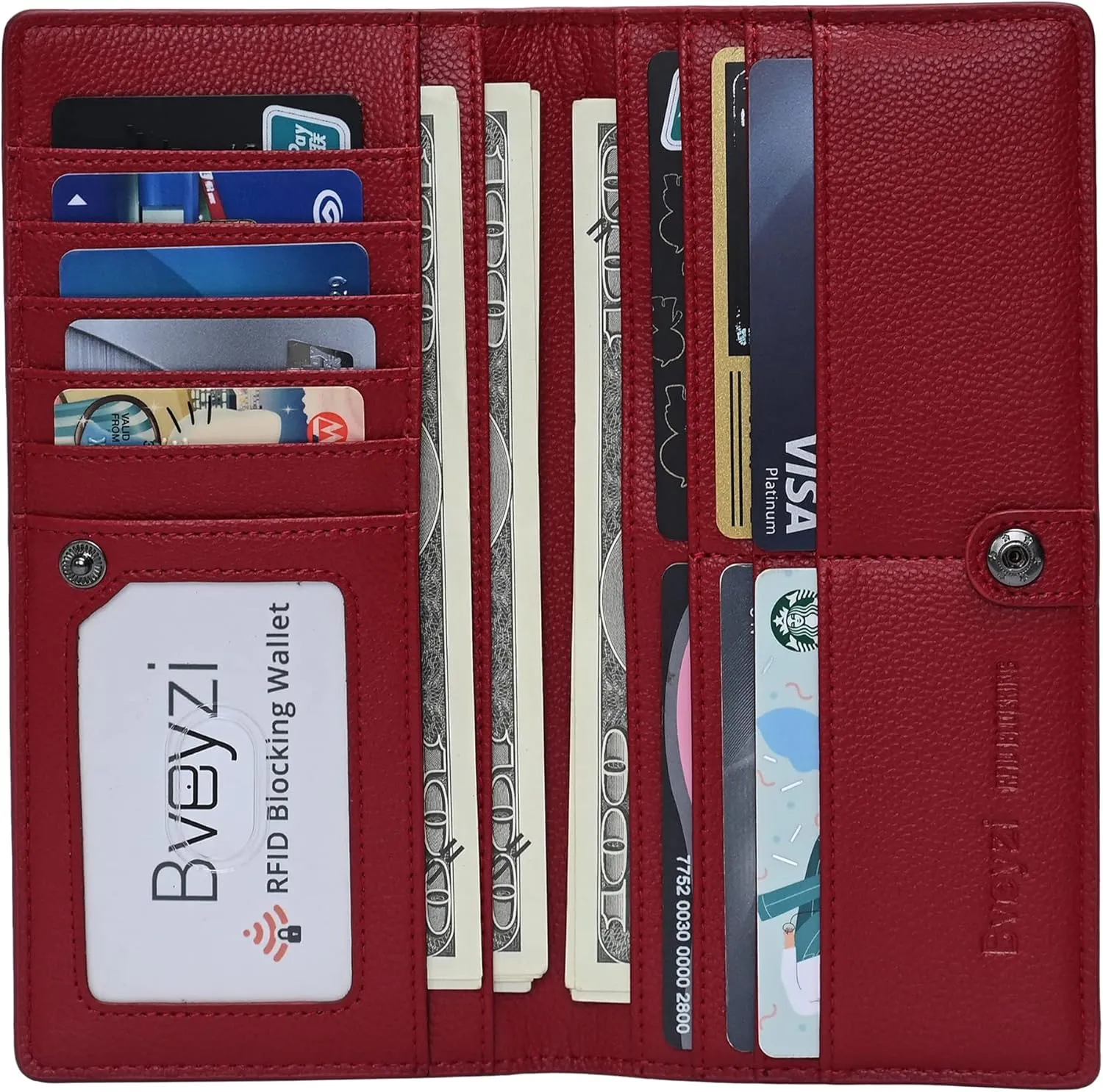 Bveyzi Ultra Slim Thin Leather RFID Blocking Credit Card Holder Bifold Clutch Wallets for Women
