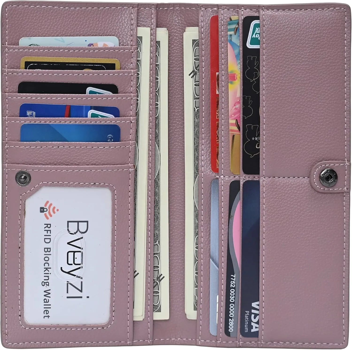 Bveyzi Ultra Slim Thin Leather RFID Blocking Credit Card Holder Bifold Clutch Wallets for Women