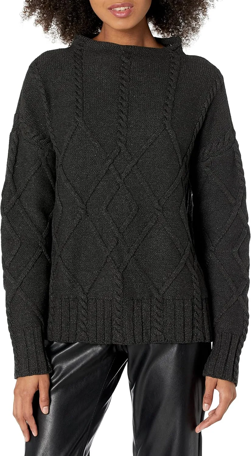 Cable Stitch Women's Mock Neck Braided Cable Sweater - Soft Long Sleeve Solid Color Textured Loose Pullover Knit Top