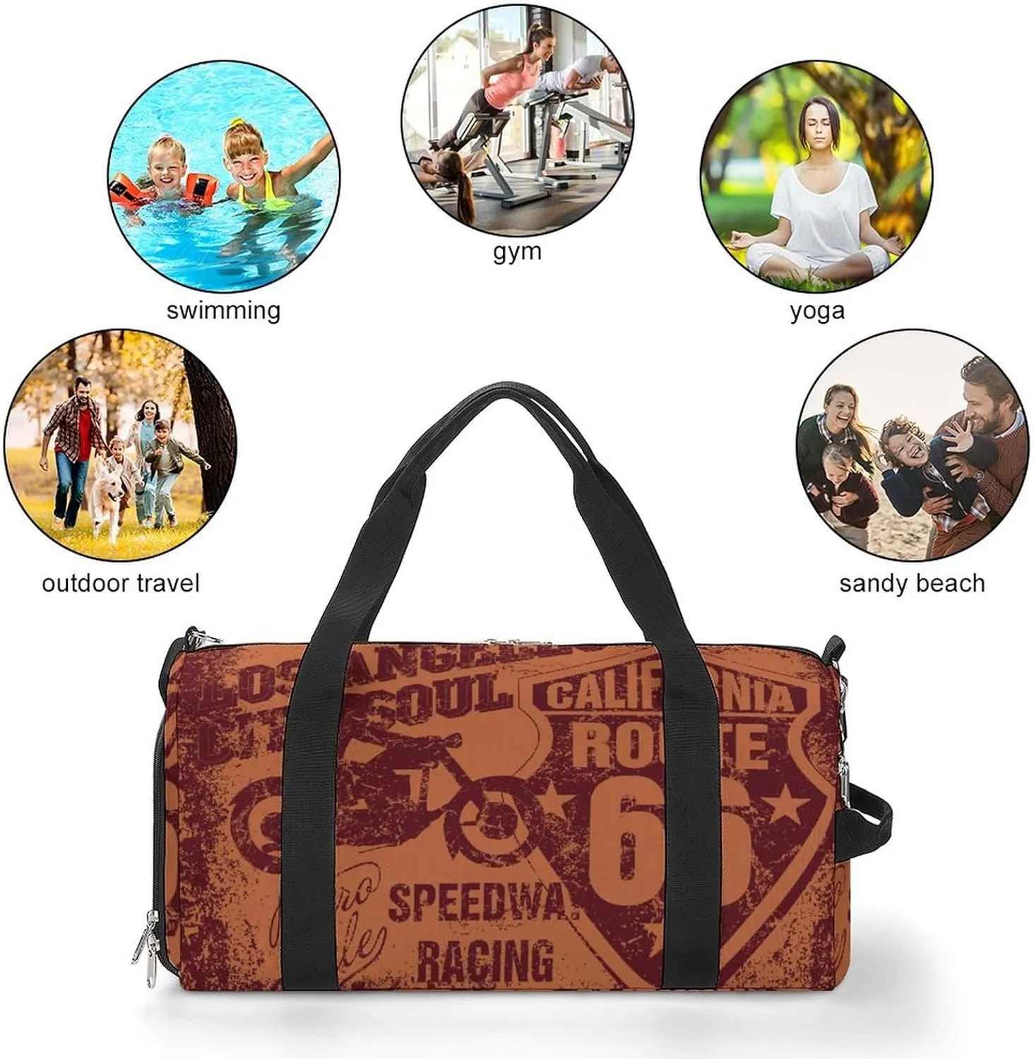 Californias Retros Routes 66 Sports Tote Gym Bag for Women Men, Overnight Bag with Shoe Compartment Water Resistant