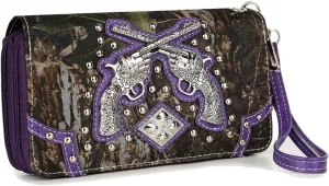 Camouflage Cross Pistol Revolver Gun Studded Clutch Conchos Women Zipper Wallet Western Wristlets Purse