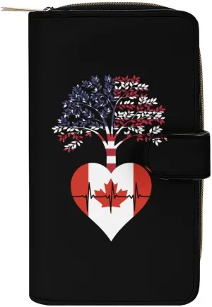 Canada US Root Heartbeat Purses for Women Zipper Leather Clutch Purse Travel Handbag Card Case Wallet