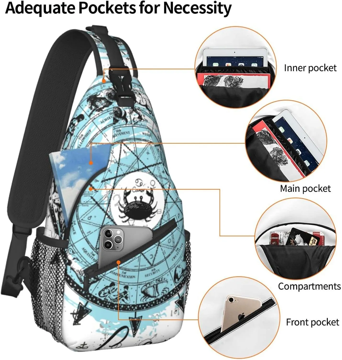 Cancer Sling Bag Personalized Constellations Chest Bag Travel Hiking Chest Bag Daypack Outdoor Sports Bag For Women Men