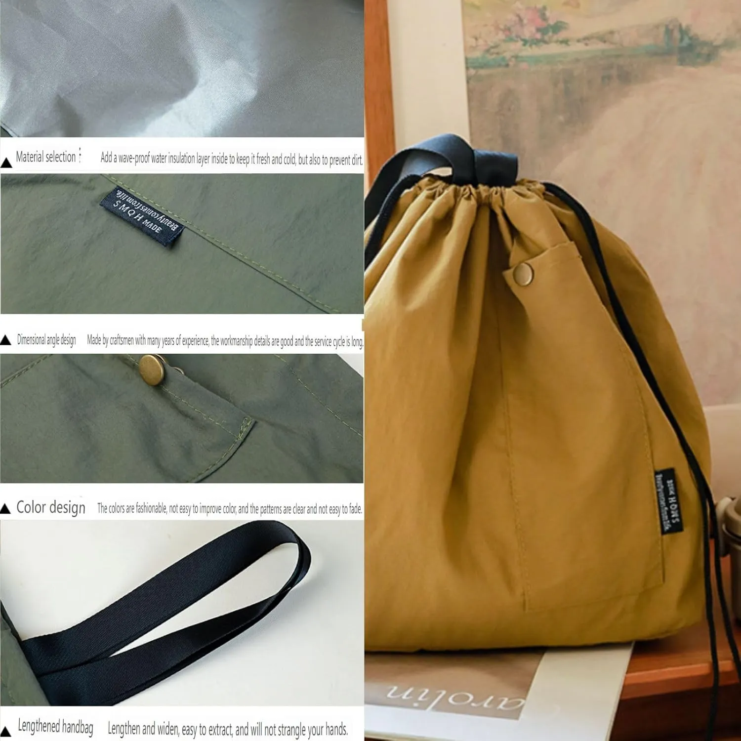 Canvas Drawstring Lunch Bag Insulated Lunch Tote Japanese Style Bento Tote Bag Reusable Lunch Bag with Handle and Drawstring