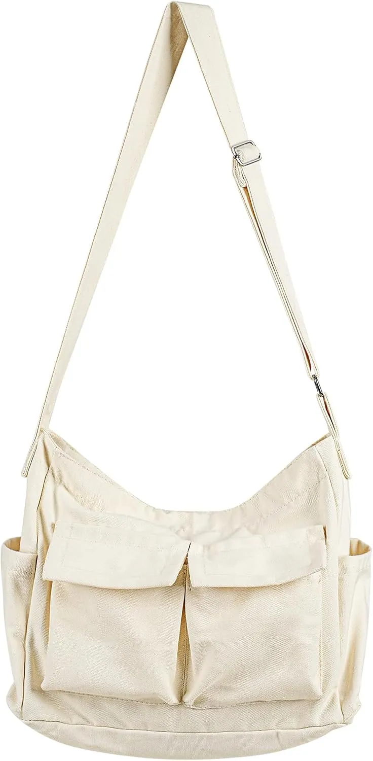 Canvas Messenger Bag, Multi-pockets Casual Canvas Tote for College Large Crossbody Shoulder Bag for Women and Men
