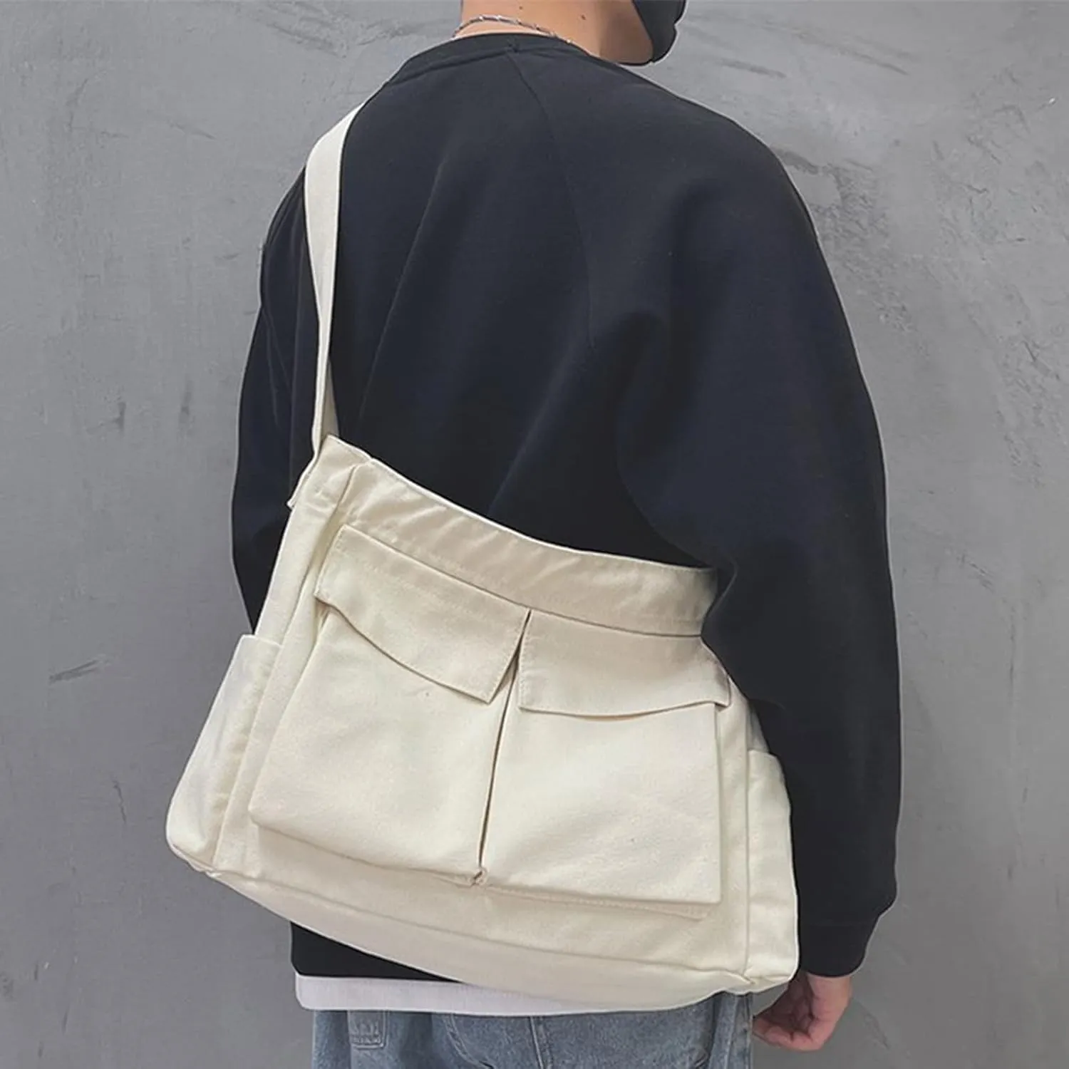 Canvas Messenger Bag, Multi-pockets Casual Canvas Tote for College Large Crossbody Shoulder Bag for Women and Men