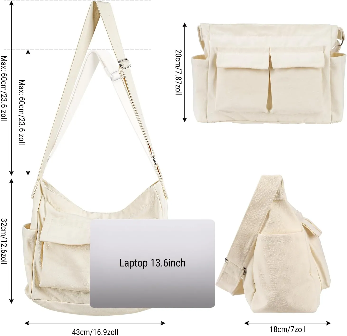 Canvas Messenger Bag, Multi-pockets Casual Canvas Tote for College Large Crossbody Shoulder Bag for Women and Men