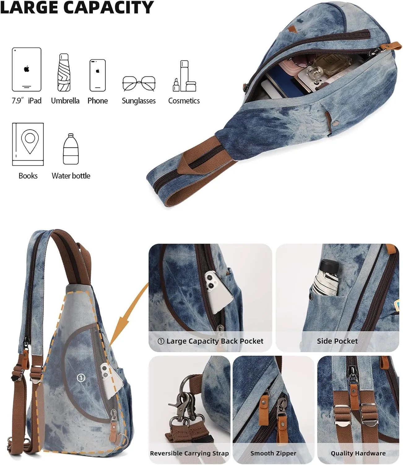 Canvas Sling Bag - Small Crossbody Backpack Shoulder Casual Daypack Rucksack for Men Women(Large Version)